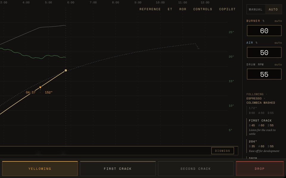 The live roast in Auto: burner 60, air 50, drum 55 set by the profile, and the next decision points listed beside the chart.