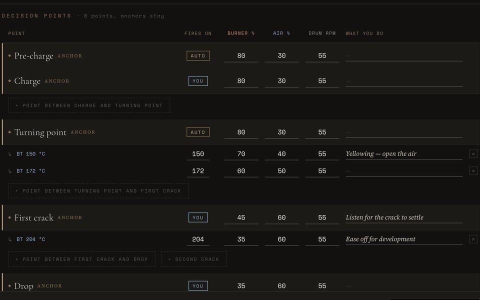 A profile's decision points: burner, air and drum at each milestone and at chosen bean temperatures, with a note of what to do.