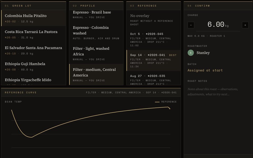 The pre-roast screen: a green lot, a profile and a reference picked from the lot's past roasts, with the reference's curve below.