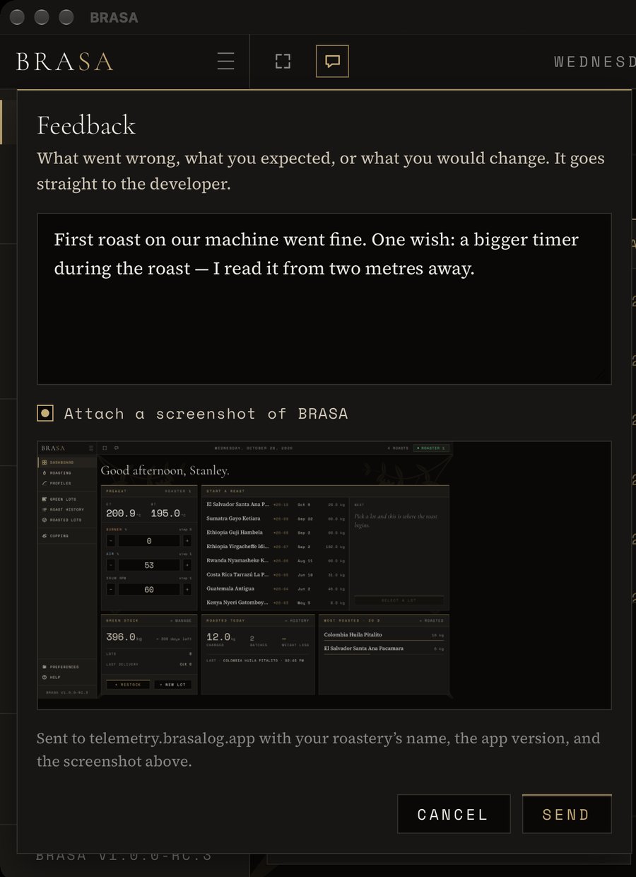 BRASA's feedback drawer open under the top bar: a written note, the Attach a screenshot box ticked with a picture of the window below it, and Cancel and Send.